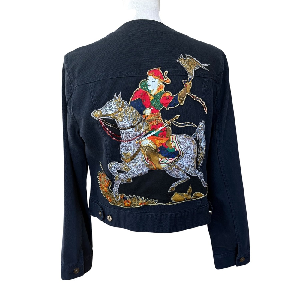 Denim Jacket Navy Cotton Embroidered Equestrian Falcon Back M